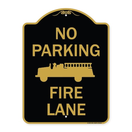 No Parking Fire Lane With Graphic, Black & Gold Aluminum Architectural Sign